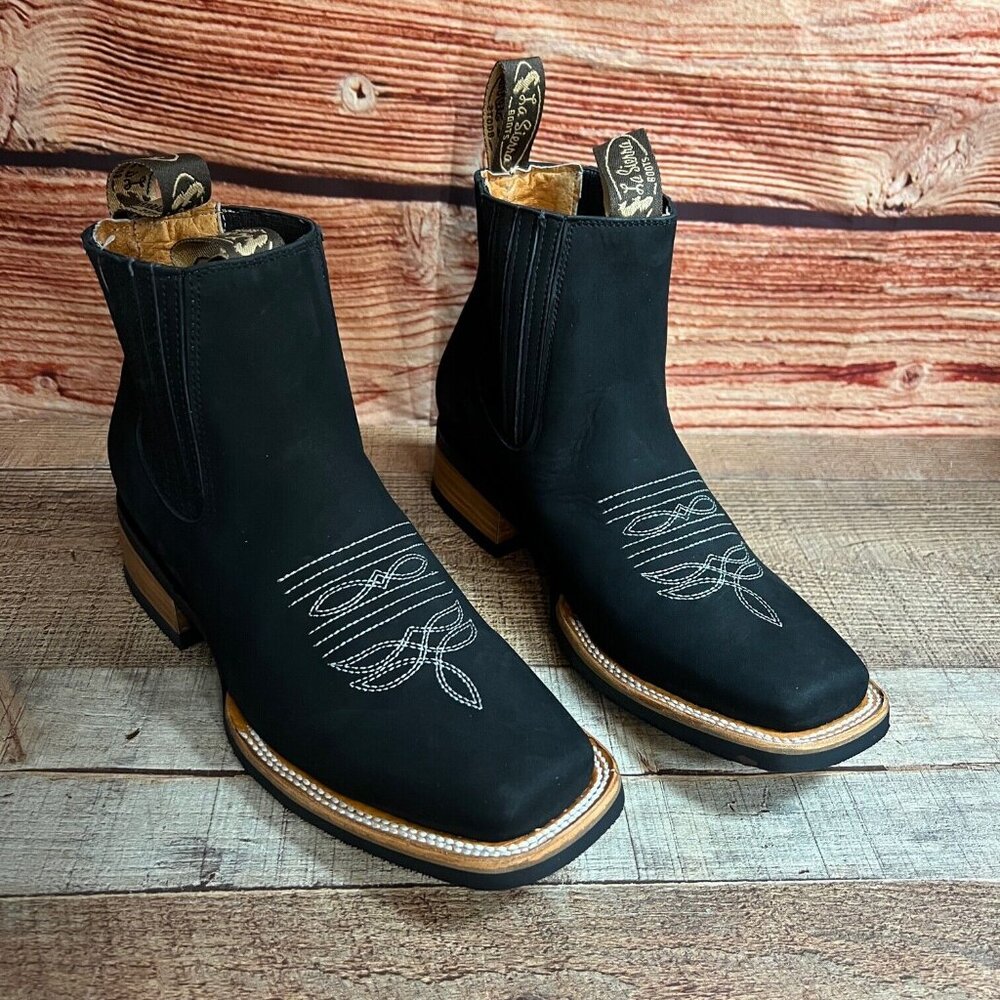 Men's Western Cowboy Handmade Genuine Nubuck Black Leather Half Boots Rubber Sol - Picture 5 of 8